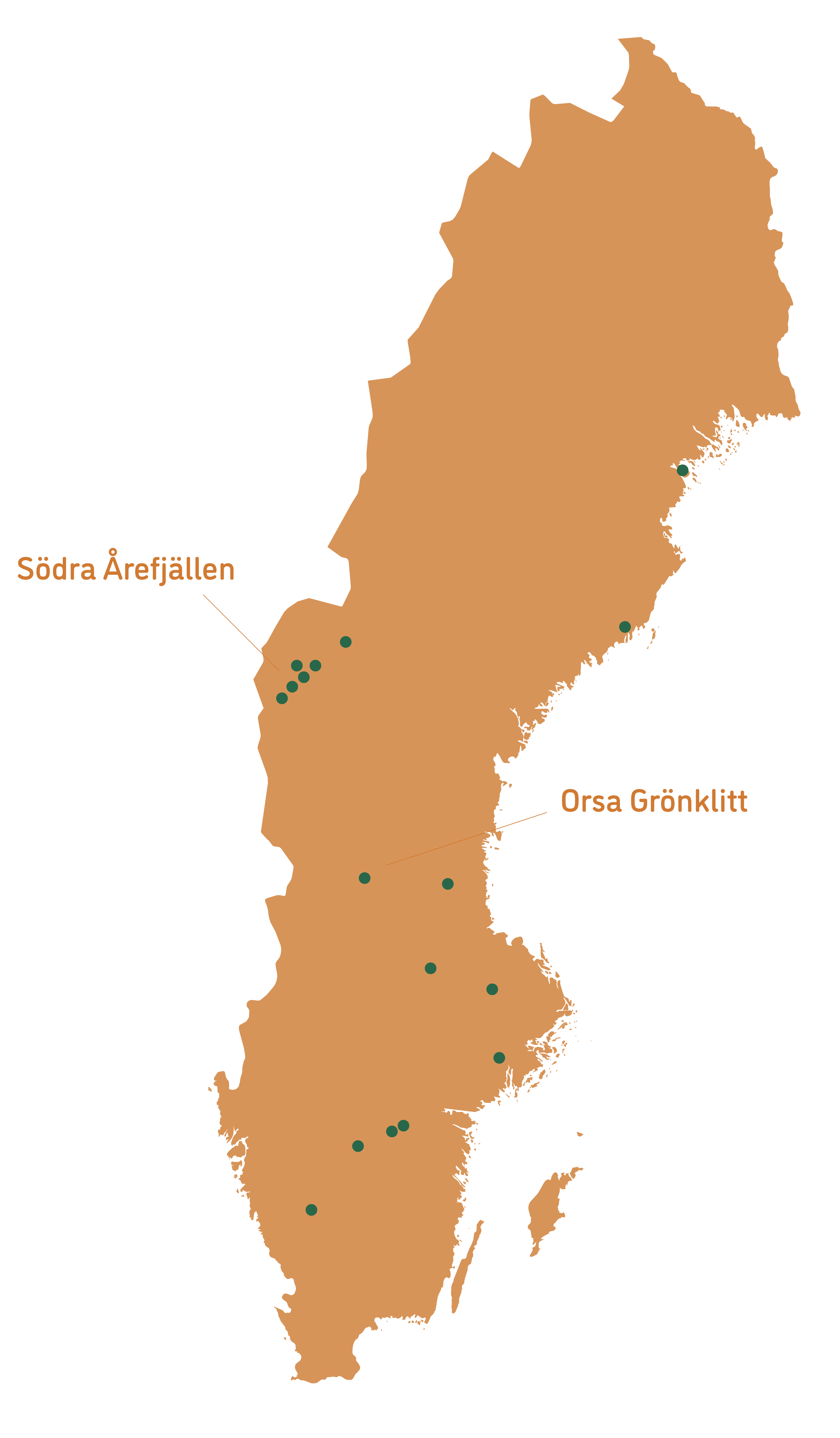 Sverigekarta med Orsa Grönklitt och Södra Årefjällen